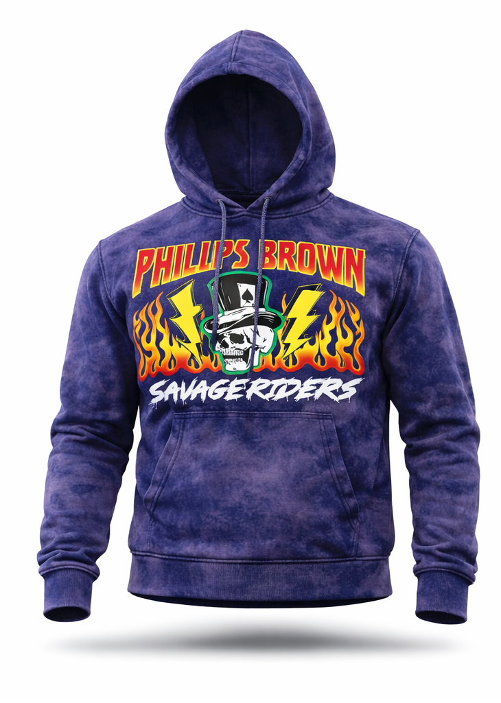 Blue hoodie with 'Phillips Brown Savage Riders' graphic design on a white background