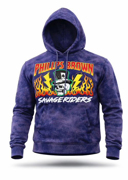 Blue hoodie with 'Phillips Brown Savage Riders' graphic design on a white background