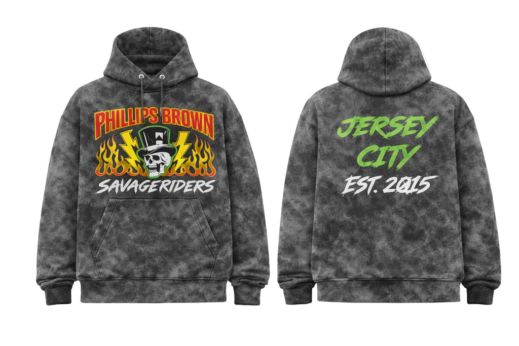 Gray hoodie with 'Phillie's Brown Savageriders' front and 'Jersey City Est. 2015' back on a white background