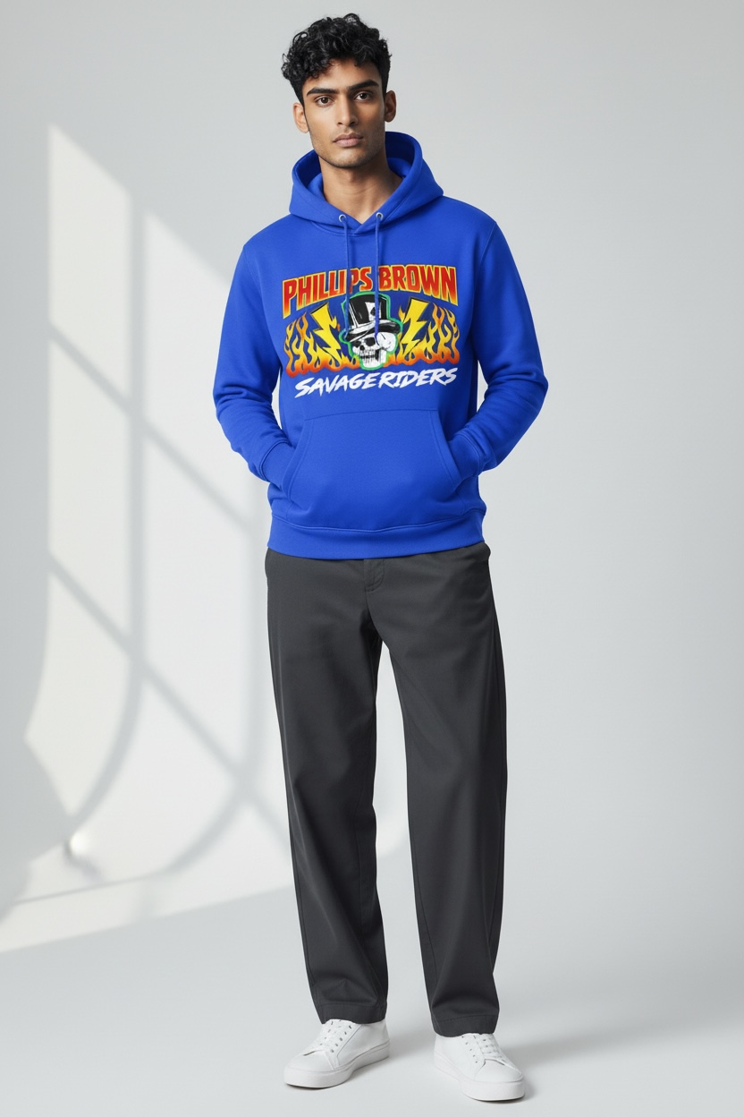 Person wearing a blue hoodie with a colorful graphic and text, standing against a white background