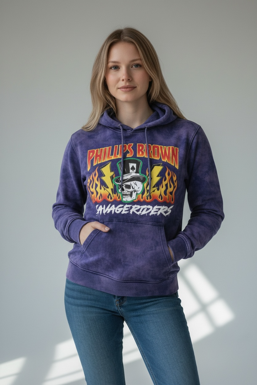 Person wearing a purple hoodie with colorful graphics and text, standing against a plain background.