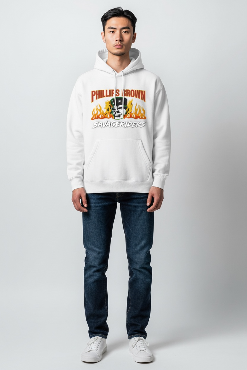 Person wearing a white hoodie with a colorful graphic design on a plain background