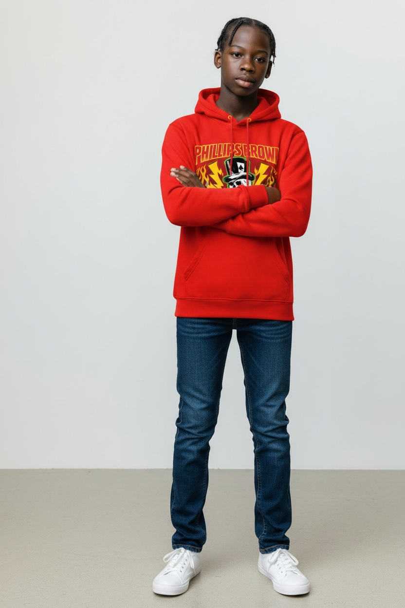 Person wearing a red hoodie with a graphic design, standing against a plain background