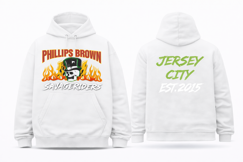 White hoodie with 'Phillips Brown Savage Riders' design on the front and 'Jersey City Est. 2015' on the back.
