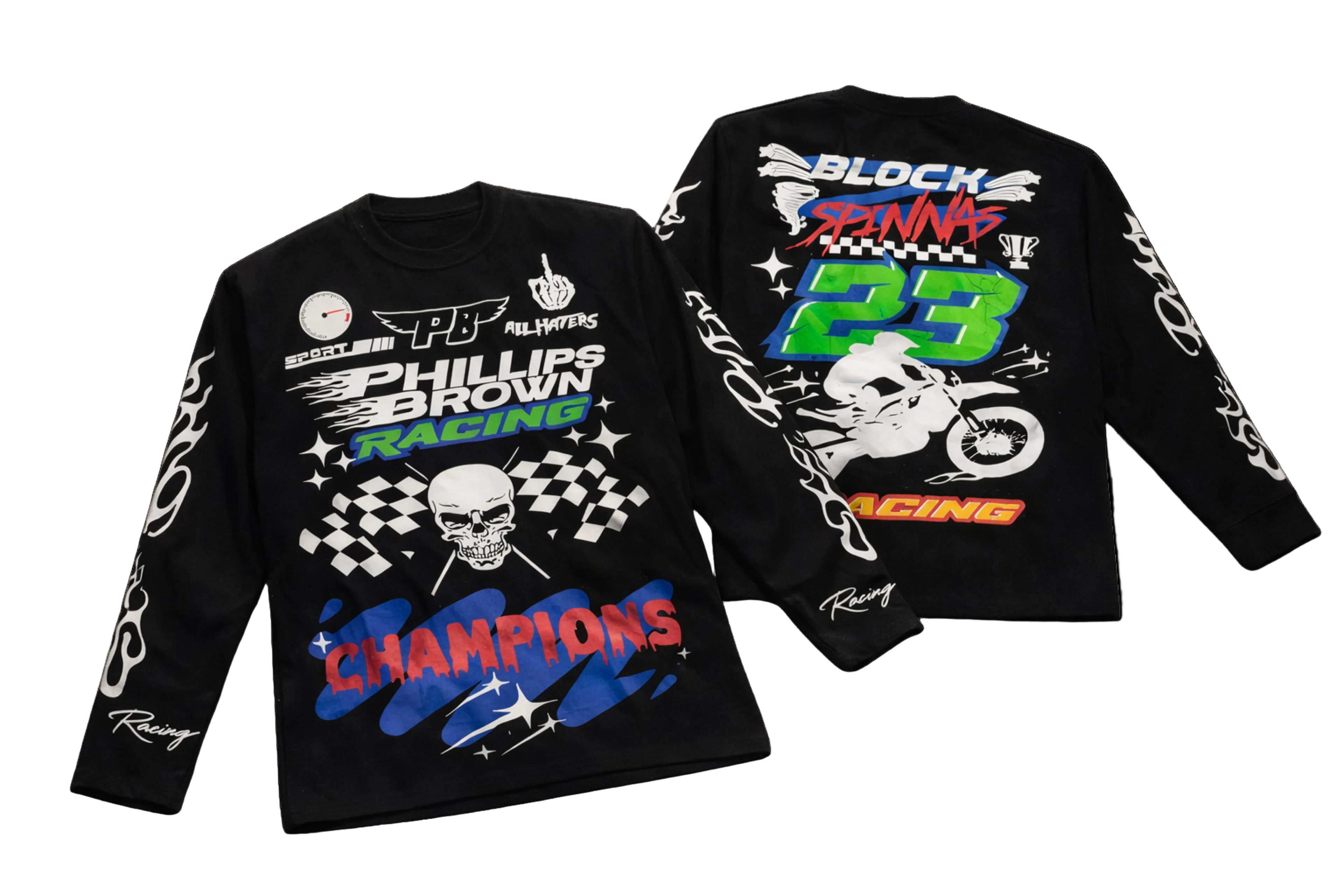 Black long-sleeve shirt with racing-themed graphics on a white background