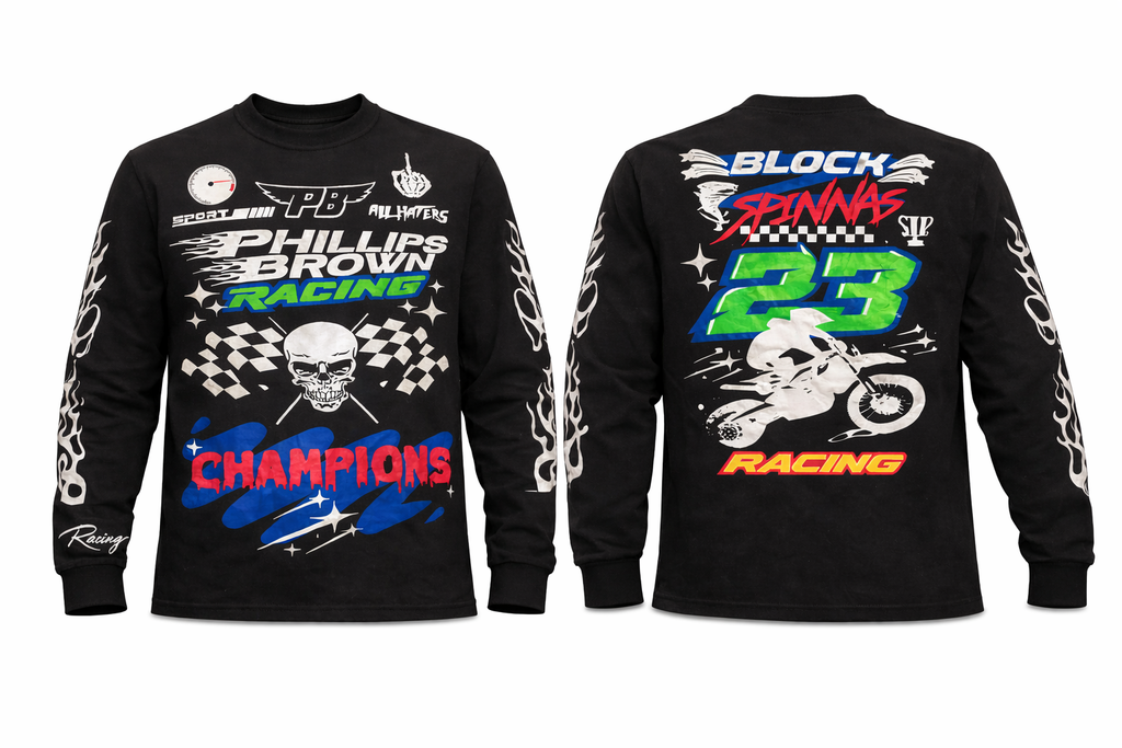 Black long-sleeve shirt with racing-themed graphics on a white background