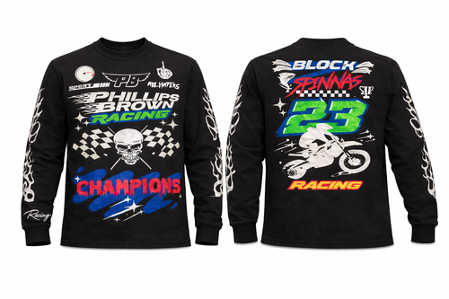 Black long-sleeve shirt with racing-themed graphics on a white background