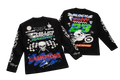 Black long-sleeve shirt with racing-themed graphics and text on a white background