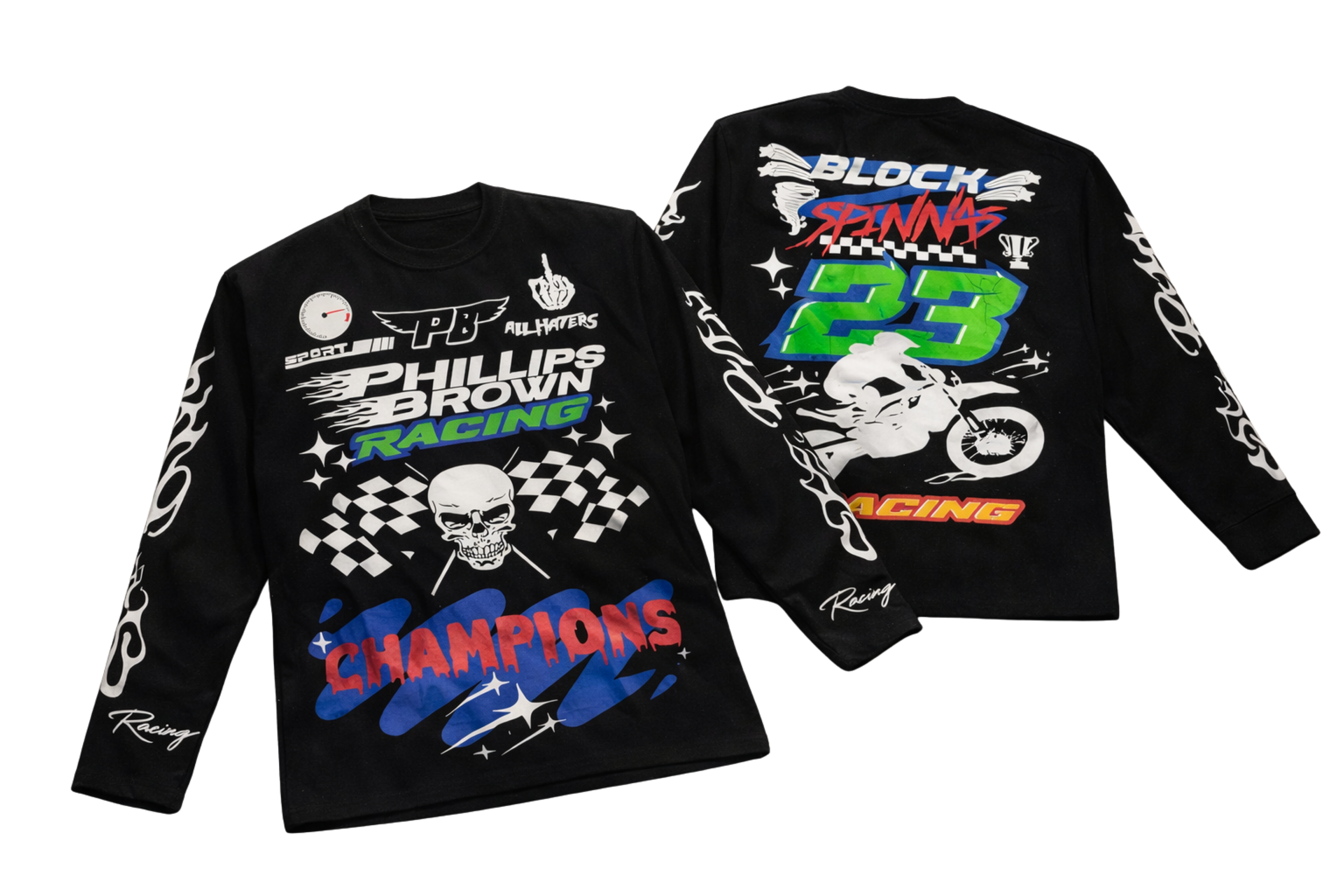 Black long-sleeve shirt with racing-themed graphics and text on a white background