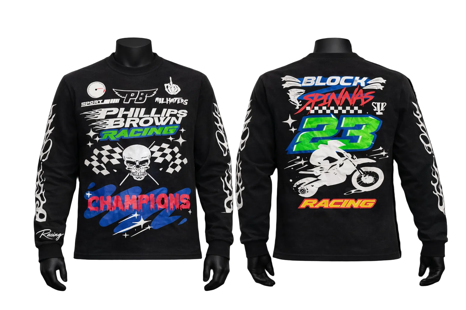 Black long-sleeve shirt with racing-themed graphics on a white background