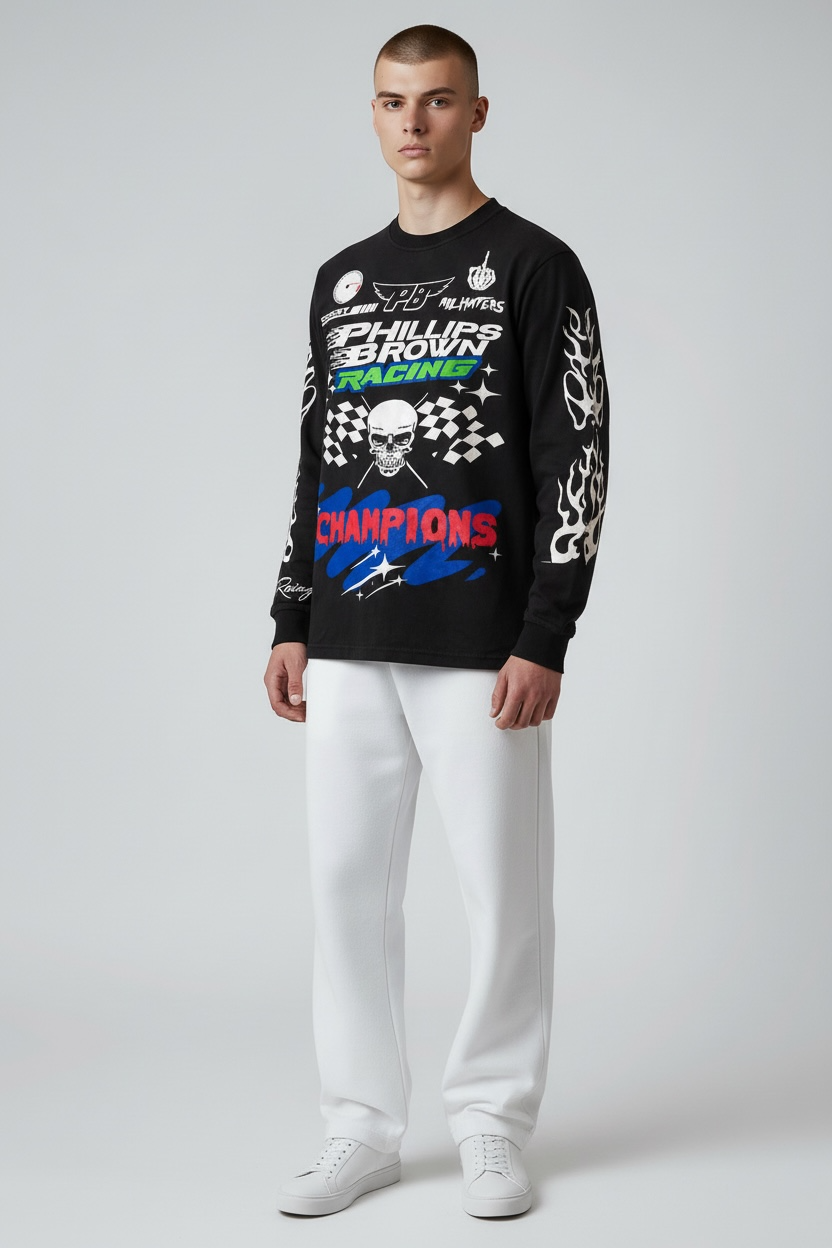 Man wearing a black long-sleeve shirt with colorful graphics and text on a white background