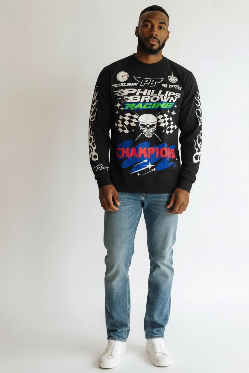 Man wearing a black sweatshirt with racing-themed graphics and text, standing against a white background.