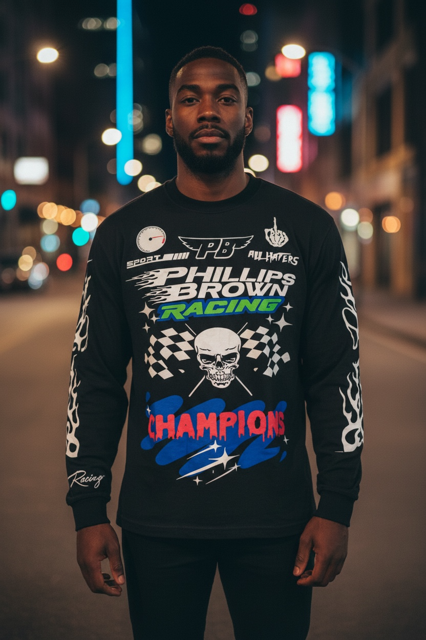 Man wearing a black long-sleeve shirt with racing-themed graphics on a city street at night.