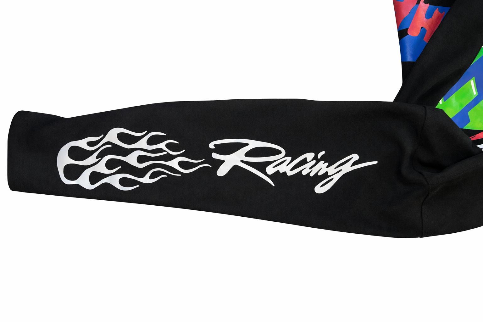 Black sleeve with white 'Fast and Furious Racing' text on a white background