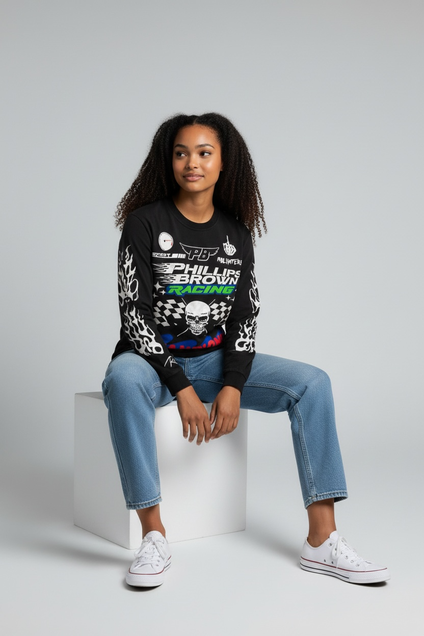 Person wearing a black graphic sweatshirt sitting on a white block against a gray background